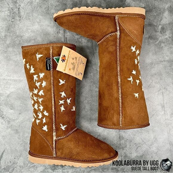 UGG KOOLABURRA PEACE TALL BOOTS CHESTNUT SUEDE SHEEPSKIN FLYING BIRDS DOVE FLOCK - Picture 5 of 16